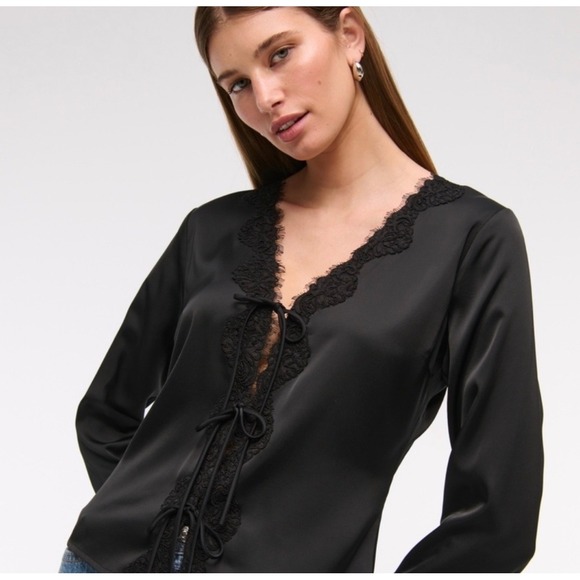 Abercrombie & Fitch Tops - Abercrombie & Fitch Blouse Too Lace Tie Front Satin Long Sleeve Black XL